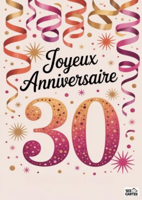Carte d'anniversaire avec des confettis, souhaitant un joyeux 30e anniversaire, décorée de serpentins.