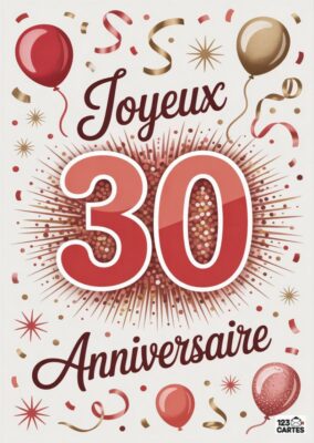 Carte d'anniversaire avec le texte Joyeux 30 Anniversaire, accompagnée de ballons et de confettis colorés.