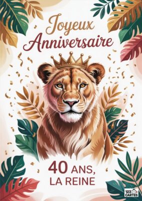 Carte d'anniversaire avec un lionne couronnée, texte Joyeux Anniversaire 40 ans, la Reine sur fond de feuilles tropicales.