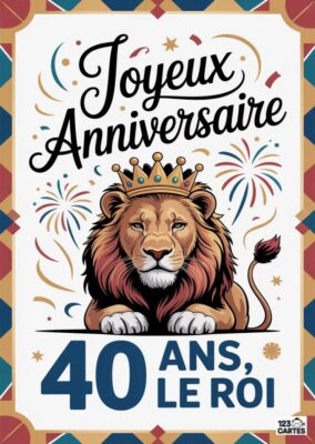 Carte d'anniversaire illustrée d'un lion couronné, mentionnant Joyeux Anniversaire 40 ans, le roi avec des feux d'artifice.