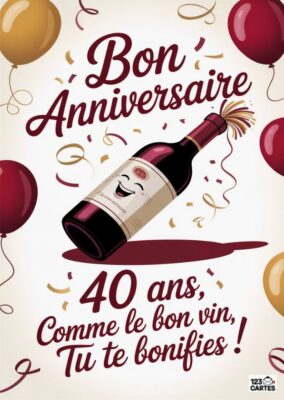 Image d'une carte d'anniversaire avec une bouteille de vin et des ballons, célébrant 40 ans avec humour.