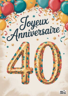 Carte d'anniversaire colorée avec le texte Joyeux Anniversaire et le chiffre doré 40, décorée de ballons et confettis.