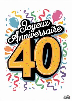 Carte d'anniversaire colorée avec le texte Joyeux Anniversaire 40 entouré de confettis et de ballons.