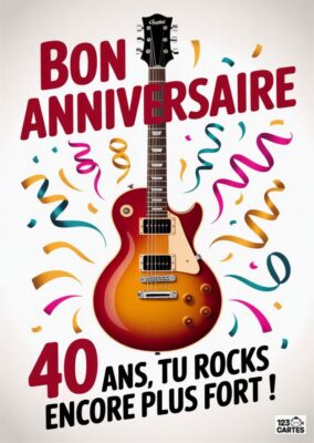 Guitare électrique sur fond festif, texte Bon anniversaire 40 ans, tu rocks encore plus fort ! avec des confettis colorés.