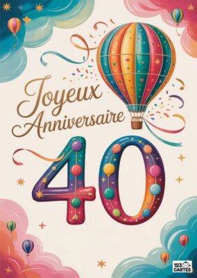 Carte d'anniversaire avec un ballon dirigeable et les mots Joyeux Anniversaire 40 en lettres festives.