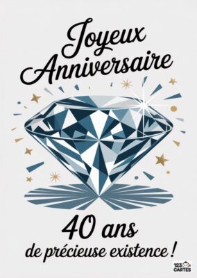 Carte d'anniversaire affichant un diamant stylisé et le texte Joyeux Anniversaire 40 ans de précieuse existence.