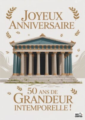 Carte d'anniversaire illustrant un temple ancien, avec le texte Joyeux Anniversaire - 50 ans de Grandeur Intemporelle.
