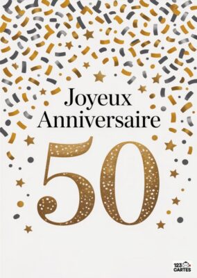 Carte d'anniversaire avec le texte Joyeux Anniversaire et 50 en or, ornée de confettis colorés.