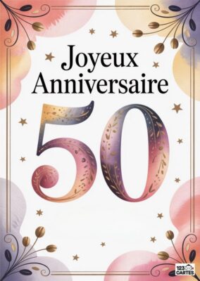 Carte d'anniversaire élégante avec le texte Joyeux Anniversaire et le nombre 50, décorée de motifs floraux.