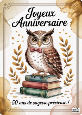 Carte d'anniversaire illustrée avec un hibou en cravate sur des livres, célébrant 50 ans de sagesse précieuse.