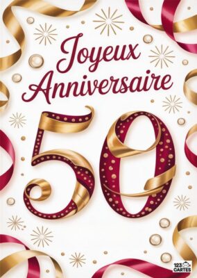 Carte d'anniversaire avec Joyeux Anniversaire et le chiffre 50, décorée de rubans dorés et rouges.