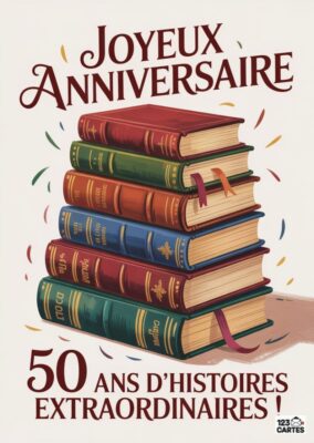 Image d'une pile de livres avec un message Joyeux Anniversaire pour célébrer 50 ans d'histoires.