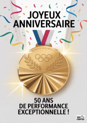 Médaillon doré avec inscription Joyeux Anniversaire et 50 ans de performance exceptionnelle, entouré de confettis.