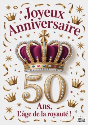 Carte d'anniversaire avec une couronne dorée, le texte Joyeux Anniversaire 50 Ans, L'âge de la royauté.