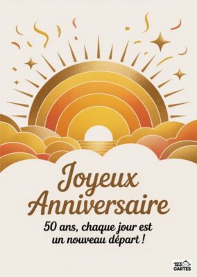Carte d'anniversaire vintage avec un arc-en-ciel doré et le message Joyeux Anniversaire 50 ans, nouveau départ.