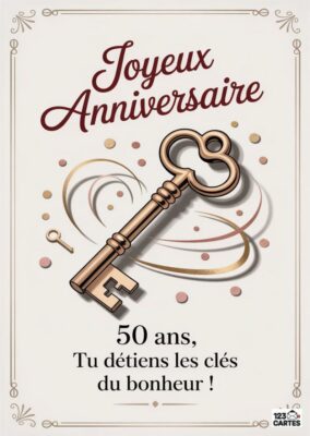 Image d'une carte d'anniversaire : une grande clé dorée sur fond lumineux avec le texte Joyeux Anniversaire, 50 ans, Tu détiens les clés du bonheur