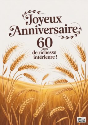 Carte d'anniversaire avec des épis de blé. Inscription : Joyeux Anniversaire, 60 ans de richesse intérieure.