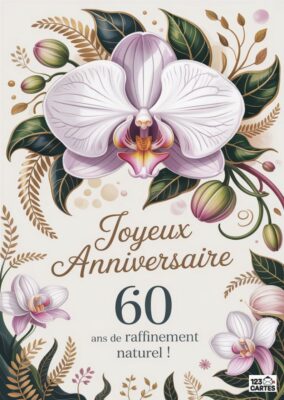 Carte d'anniversaire ornée d'une orchidée blanche et de fleurs colorées avec le texte Joyeux Anniversaire - 60 ans de raffinement naturel.
