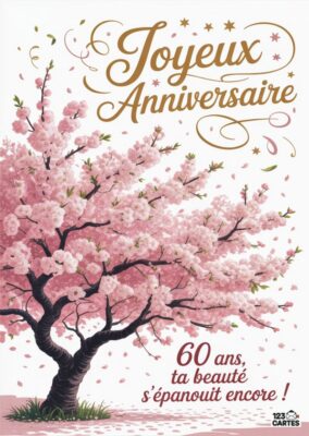 Image d'une carte d'anniversaire avec un arbre en fleurs roses. Texte : Joyeux Anniversaire ! 60 ans, ta beauté s'épanouit encore.