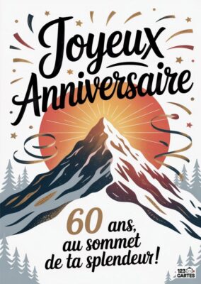 Carte d'anniversaire avec une illustration de montagne et l'inscription Joyeux Anniversaire - 60 ans, au sommet de ta splendeur.