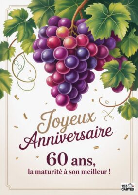Carte d'anniversaire avec des raisins, texte Joyeux Anniversaire 60 ans, la maturité à son meilleur.