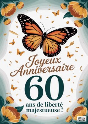 Image d'une carte d'anniversaire avec un papillon orange et des fleurs, célébrant 60 ans de liberté majestueuse.
