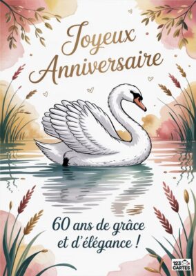 Carte d'anniversaire avec un cygne sur l'eau, écriture élégante Joyeux Anniversaire et 60 ans de grâce.