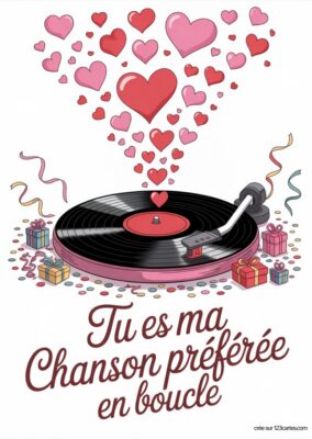 Un tourne-disque rose avec des coeurs rouges et roses, sur fond blanc, avec écrit « Tu es ma chanson préférée en boucle ». Carte d’amour à imprimer, style dessin animé.