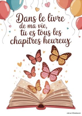 Carte d’amour avec un livre ouvert et des papillons colorés. Sur fond blanc, le texte « Dans le livre de ma vie, tu es tous les chapitres heureux ». Carte imprimable, style illustration.