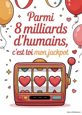 Machine à sous rouge avec des cœurs, sur fond blanc, avec écrit « Parmi 8 milliards d’humains, c’est toi mon jackpot ». Carte d’amour imprimable, style dessin animé.