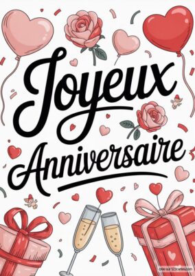 Carte Joyeux Anniversaire avec ballons, roses et cadeaux sur fond blanc, avec écrit « Joyeux Anniversaire ». Carte d’anniversaire à imprimer, style illustré, idéale pour souhaiter un joyeux anniversaire.