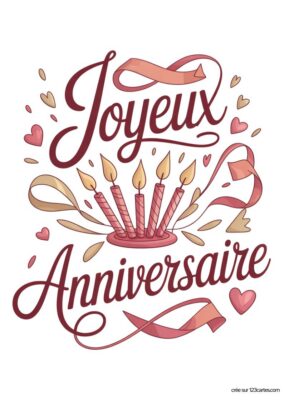 Carte de Joyeux Anniversaire sur fond blanc avec écrit « Joyeux Anniversaire ». Bougies et rubans roses et dorés. Carte d’anniversaire à imprimer, style illustré et romantique.