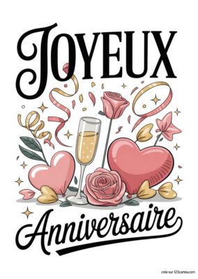 Carte de Joyeux Anniversaire sur fond blanc avec des cœurs roses, roses, et confettis, avec écrit « Joyeux Anniversaire ». Carte à imprimer, style illustration festive et romantique.