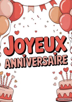 Joyeux Anniversaire sur fond blanc avec ballons et gâteaux. Texte « Joyeux Anniversaire » en rouge. Carte d’anniversaire à imprimer, style cartoon, avec cœurs et confettis.
