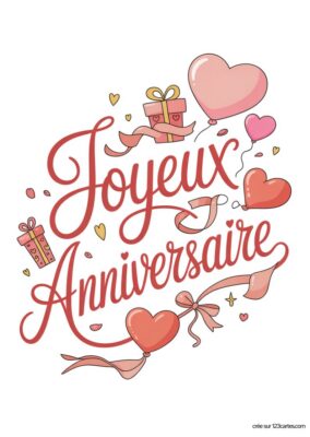 Carte de Joyeux Anniversaire sur fond blanc, avec des ballons et cadeaux roses et l’inscription « Joyeux Anniversaire » en lettres rouges. Carte d’anniversaire à imprimer, style illustré et festif.