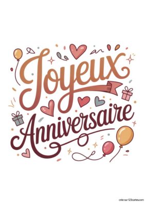 Carte de Joyeux Anniversaire sur fond blanc avec écrit «Joyeux Anniversaire». Ballons, coeurs et cadeaux. Carte d’anniversaire à imprimer, style illustration colorée et festive.