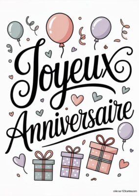 Carte Joyeux Anniversaire sur fond blanc avec ballons, cadeaux et coeurs. Texte calligraphié noir : « Joyeux Anniversaire ». Carte d’anniversaire à imprimer, style dessiné à la main, couleurs pastel.