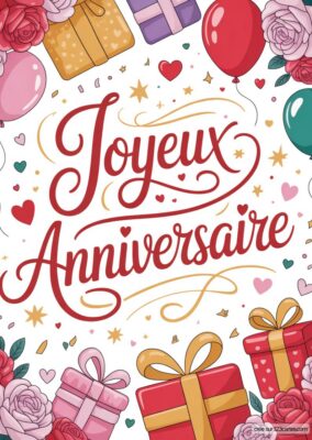 Carte Joyeux Anniversaire avec ballons, cadeaux et coeurs sur fond blanc. Texte « Joyeux Anniversaire » en rouge. Carte imprimable pour souhaiter un joyeux anniversaire, style festif.