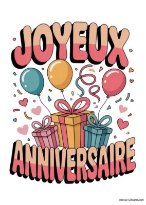 Illustration Anniversaire sur fond blanc avec ballons, cadeaux et confettis. Texte « JOYEUX ANNIVERSAIRE » en rose et orange. Carte d’anniversaire à imprimer, style rétro et coloré, pour souhaiter un joyeux anniversaire.