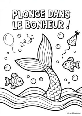 Carte anniversaire à imprimer et colorier, queue de sirène, poissons, bulles, style dessin animé.