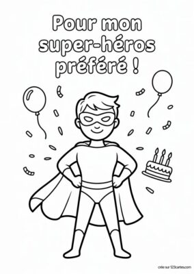 Carte super-héros à imprimer et colorier, dessin enfantin avec confettis, ballons et gâteau.