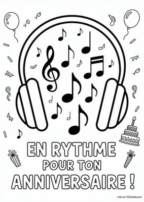 Carte anniversaire à colorier avec casque audio, notes de musique et gâteau, style dessin animé.