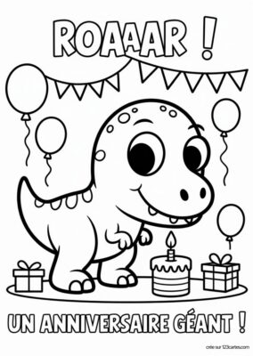 Carte anniversaire dinosaure  à colorier, dessin noir et blanc avec gâteau, ballons et cadeaux.