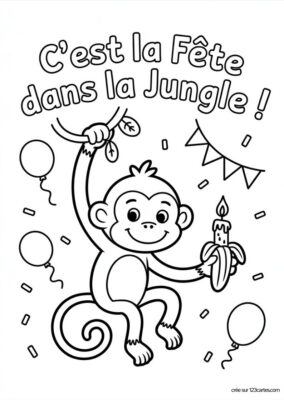 Carte jungle à colorier avec singe joyeux, ballons et confettis, style dessin animé.
