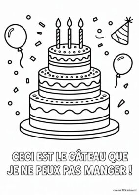 Carte d’anniversaire à colorier, dessin de gâteau à 3 étages, ballons et confettis, style dessin animé.