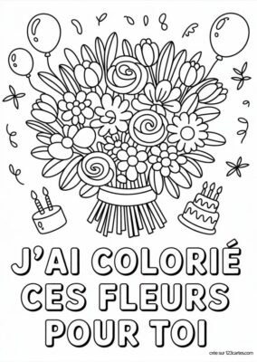 Carte anniversaire à colorier, bouquet de fleurs, ballons et gâteaux, style dessin animé.