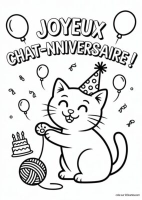 Carte chat-nniversaire à colorier, dessin d’un chat joyeux avec chapeau, ballons et gâteau, style dessin animé.