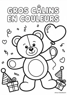 Carte à colorier avec ours en peluche, ballon cœur et cadeaux, style dessin animé.