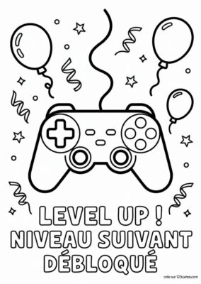 Carte anniversaire à colorier avec manette de jeu, ballons et confettis, style dessin animé.