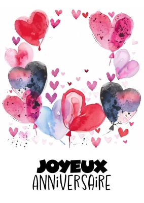 Carte d’anniversaire avec des ballons-coeur aquarelle et le texte Joyeux Anniversaire au centre. Fond rempli de petits coeurs.